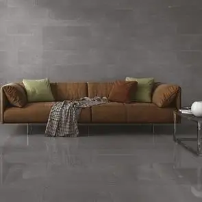 Imperial 600x600 Anthracite tile being used as a floor tile in a large open plan living room, with matching 600x300 tiles on the wall